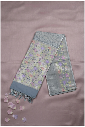Steel Grey South Silk Art Silk Wedding & Party Wear Saree