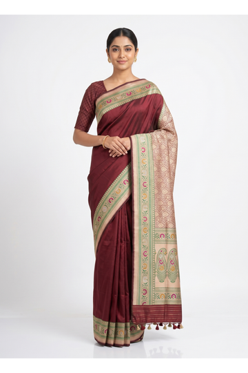 Maroon Pure Banarasi Silk Saree With Floral Border And Designer Pallu