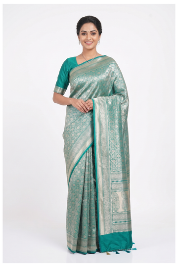 Turquoise Pure Banarasi Silk Saree With All Over Silver Zari Jaal Weaving