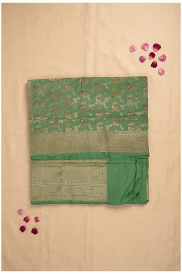 Elegant Mint Green Banarasi Pure Silk Saree With Floral Meenakari Zari Weaving