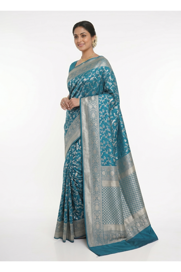 Turquoise Blue Pure Banarasi Silk Saree With Silver Floral Jaal Weaving