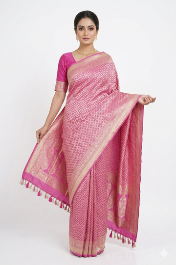 Pink Pure Banarasi Silk Saree With All Over Geometric Zari Weaving