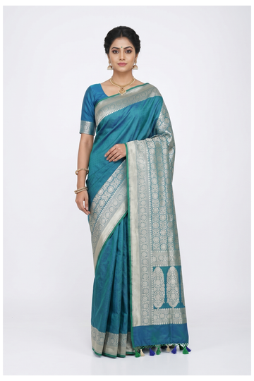 Sky Blue Pure Banarasi Silk Saree With Silver Zari Floral Weaving