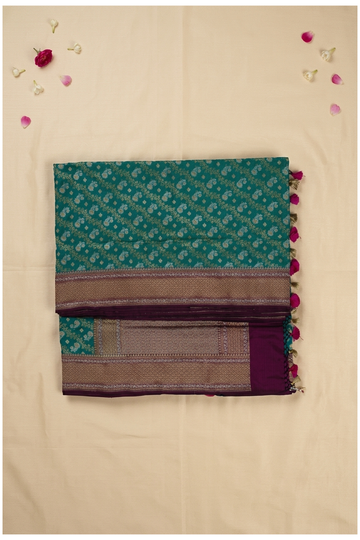 Elegant Teal Banarasi Pure Silk Saree With Floral Butta & Rich Zari Pallu