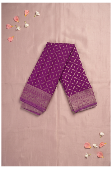 Elegant Deep Purple Silk Saree With Golden Zari Diamond Geometrical Jaal And Floral Border