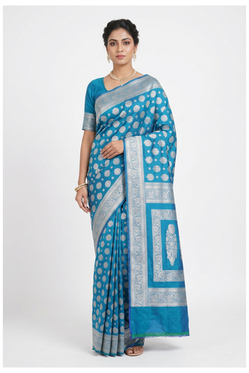 Deep Sky Blue Pure Banarasi Silk Saree With Silver Butta Weaving