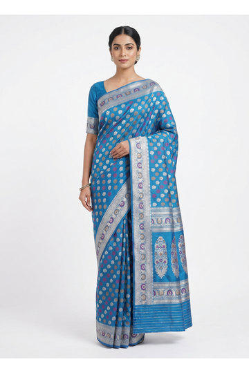 Deep Sky Blue Pure Banarasi Silk Saree With Silver Zari Butta Weaving