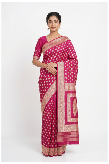Rani Pink Pure Banarasi Silk Saree With Gold Zari Butta Weaving