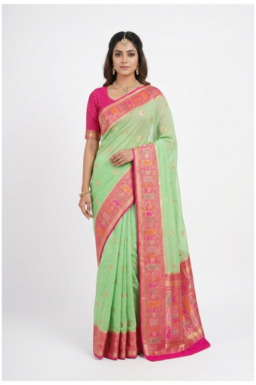 Pistachio Green Banarasi Art Silk Wedding Party Wear Saree
