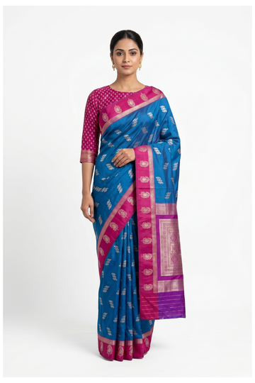 Medium Blue Banarasi Art Silk Wedding Party Wear Saree