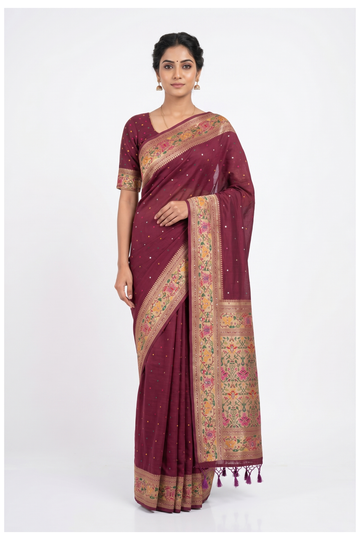 Maroon Banarasi Silk Saree With Hand Work And Weaving