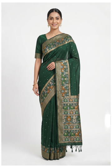 Dark Green Banarasi Silk Saree With Hand Work And Weaving