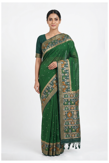 Royal Bottle Green Banarasi Silk Saree With Hand Work, Weaving