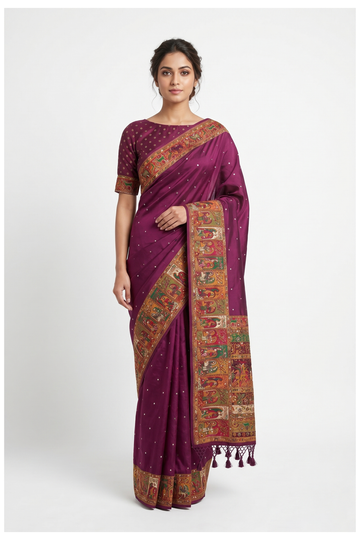 Wine Banarasi Silk Saree With Hand Work Weaving