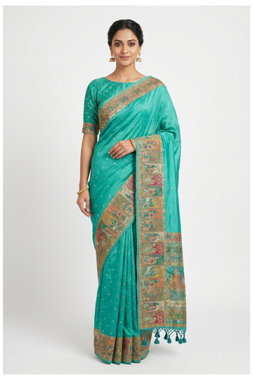 Glossy Teal Banarasi Silk Saree With Weaving