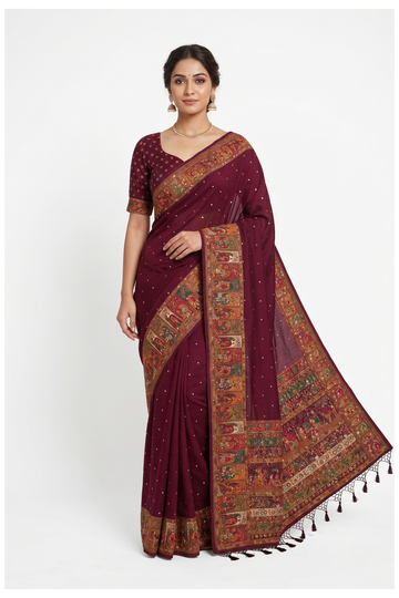 Royal Wine Banarasi Silk Saree With Hand Work Weaving