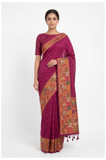 Royal Wine Banarasi Silk Saree With Hand Work Weaving