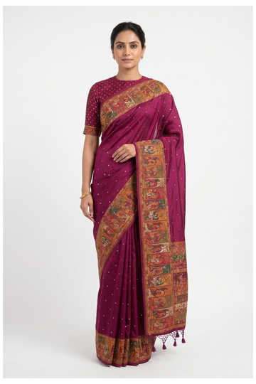 Wine Banarasi Silk Saree With Hand Work Weaving
