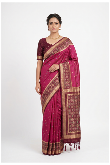 Glossy Magenta Banarasi Silk Saree With Hand Work Weaving