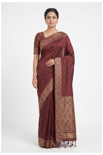 Wine Banarasi Silk Saree With Hand Work, Weaving