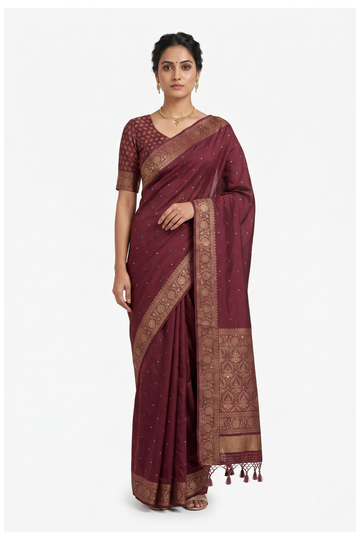 Royal Wine Banarasi Silk Saree With Hand Work Weaving