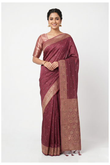 Dark Rose Gold Banarasi Silk Saree With Hand Work And Weaving