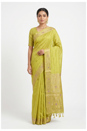 Chartreuse Banarasi Silk Saree With Hand Work, Weaving