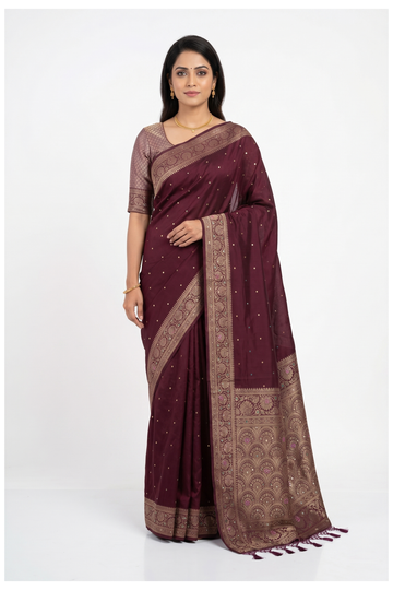 Wine Banarasi Art Silk Saree For Wedding & Partywear