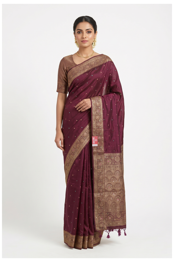 Wine Banarasi Silk Saree With Hand Work, Weaving