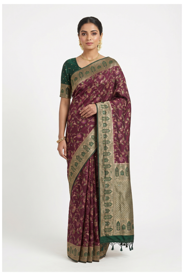 Wine Banarasi Silk Saree With Weaving, Hand Work