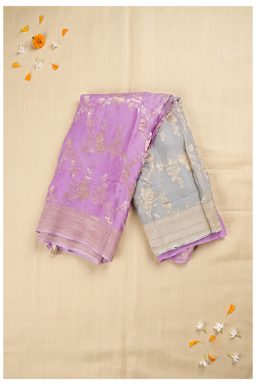 Chic Ombre Pink And Grey Soft Silk Saree With Elegant Gold Zari Floral Weaving