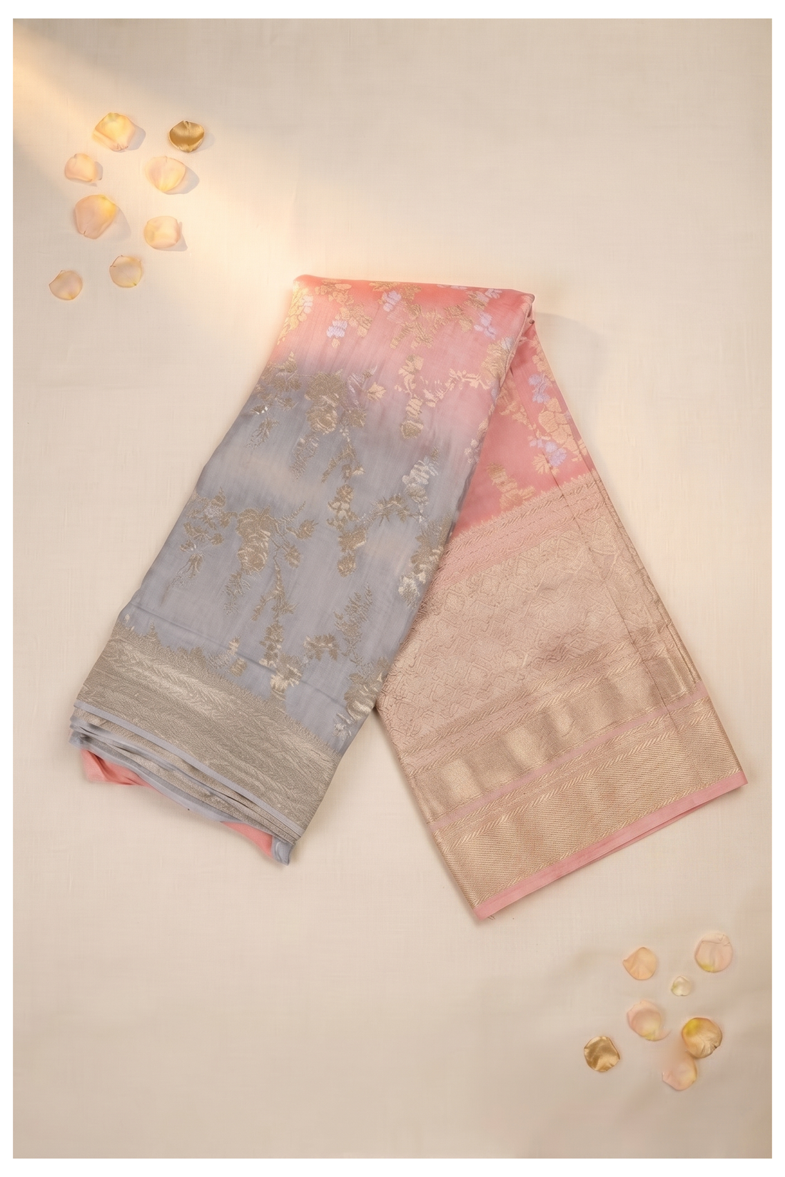 Chic Ombre Pink And Grey Soft Silk Saree With Elegant Gold Zari Floral Weaving