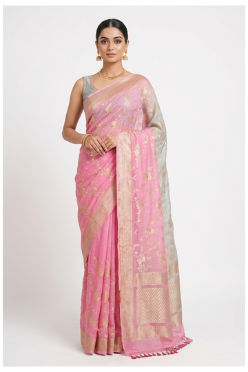 Rose Pink Banarasi Silk Saree With Jaal  Weaving