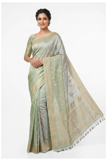 Pale Sage Green Banarasi Silk Saree With Jaal  Weaving