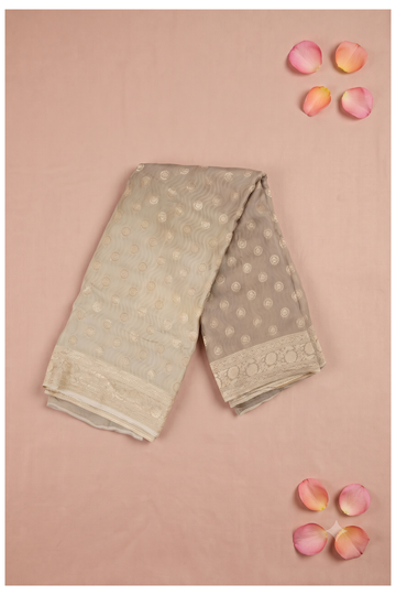 Elegant Taupe Grey Georgette Saree With Gold Zari Buttas And Ornate Border