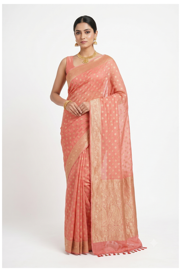 Royal Peach Banarasi Silk Saree With Weaving