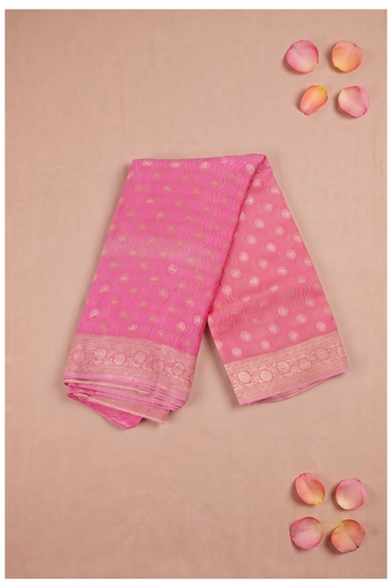Elegant Pink Chiffon Saree With Gold Zari Butis And Intricate Border
