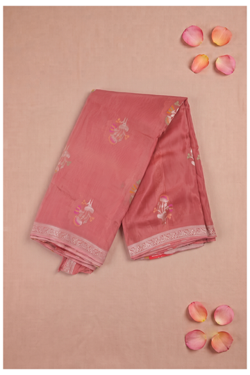 Elegant Rose Pink Georgette Saree With Silver Zari Floral Motifs And Border