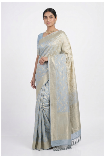 Powder Blue Banarasi Silk Saree With Weaving