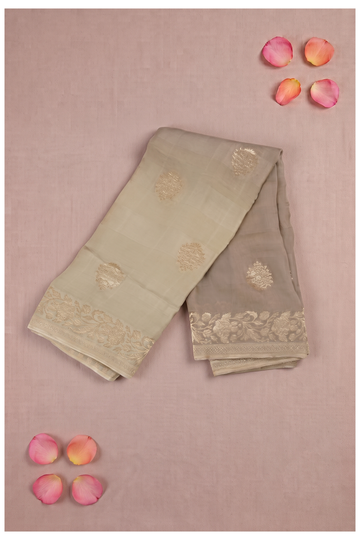 Elegant Beige Georgette Saree With Gold Zari Floral Embroidery