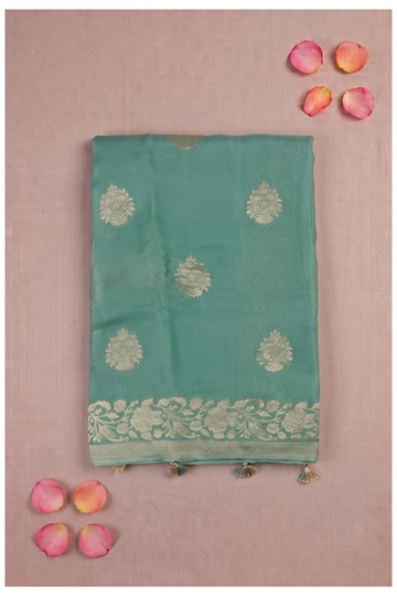 Elegant Mint Green Georgette Saree With Gold Zari Floral Motifs