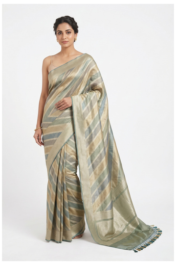 Multicolor Striped Banarasi Silk Saree With Jaal  Weaving