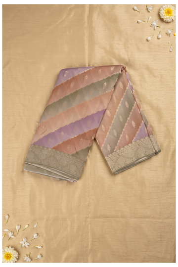 Multicolor Pastel Striped Banarasi Silk Saree With Antique Zari Border
