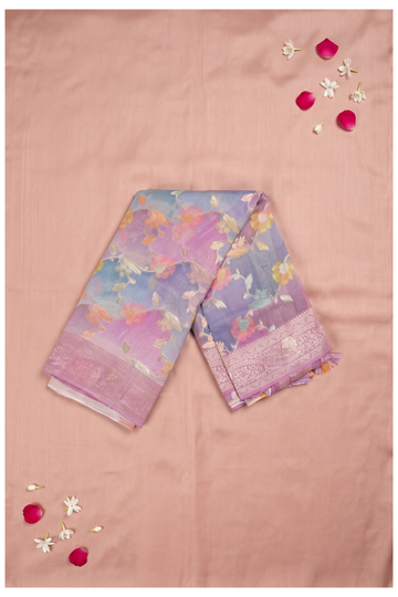 Elegant Lavender Banarasi Organza Saree With Multicolor Floral Meenakari And Zari Border