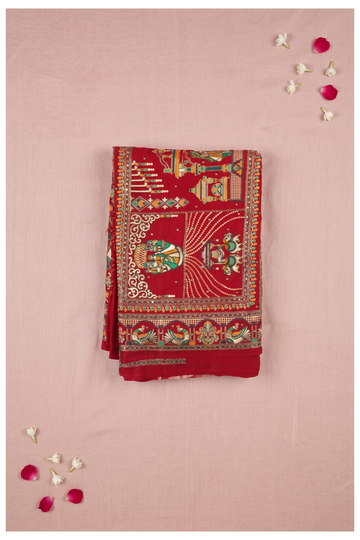 Crimson Red Silk Georgette Saree With Traditional Hand-Embroidered Pichwai Motifs