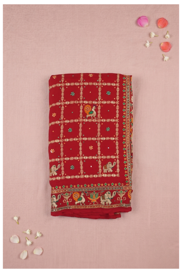 Elegant Red Georgette Saree With Handcrafted Zari And Traditional Motif Embroidery