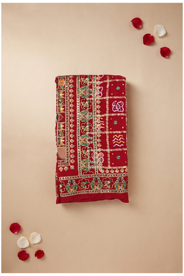 Exquisite Crimson Red Hand-Embroidered Saree With Traditional Peacock Motifs And Zardozi Work