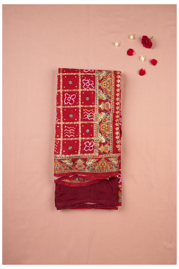 Crimson Red Georgette Bandhani Gharchola Saree With Embroidered Border