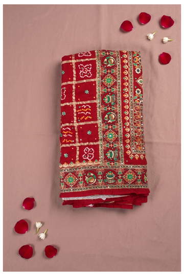Traditional Red Bandhani Gharchola Saree With Embroidered Zari Border