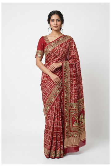 Maroon Gajji Silk Gharchola Wedding Saree